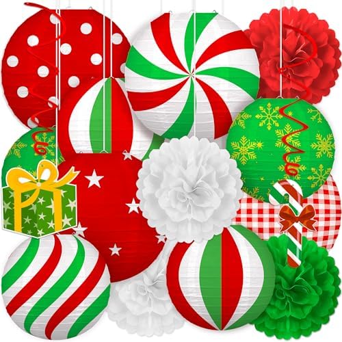15PCS Christmas Party Decorations Set – 9 Red White Green Paper Lanterns, 4 Pom Poms, 2 Hanging Swirls for Xmas Indoor, Home, Porch, Holiday Decor by Renbuzhu