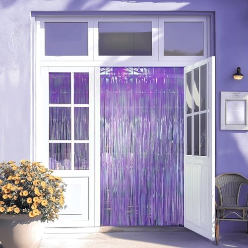 2 Pack Purple Iridescent Streamers Backdrop, 3.3x6.6ft Foil Fringe Curtains Lavender Holographic Door Tinsel Streamers for Birthday, Wedding, Holiday, Bachelorette, Theme Party Decorations - Image 7