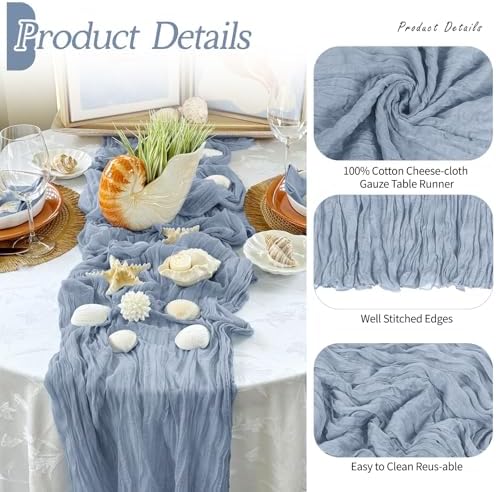 6 Pack Dusty Blue Cheesecloth Table Runner 17x108 Inch Semi Sheer Boho Gauze Cheese Cloth Fabric Table Runners Table Decor for Wedding Party Baby Shower Birthday Home Decor Garden Farmhouse - Image 5