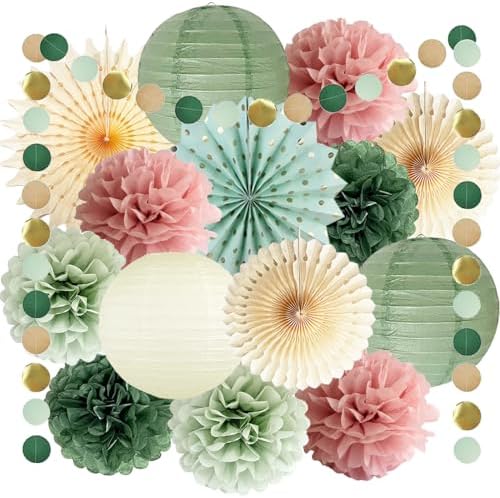 Sage Green and Dusty Pink Party Decorations Green & Pink Party Decor Sage Tissue Pom Poms Paper Lanterns Beige Paper Fans for Women Girls Birthday Wedding Bridal Shower Baby Shower Party Decor by FETETIJD