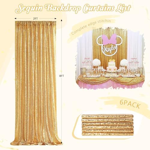 Gold Sequin Backdrop Curtain Drapes - Glitter Gold Curtains 6 Pieces 2x8ft - Image 5