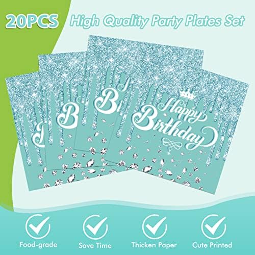 41 Pcs Teal and Silver Tableware Set for Happy Birthday Table Decorations Blue Birthday Theme Dessert Plates Napkins Tablecloth for 20 Guests Girls Women Silver Glitter Birthday Party Supplies - Image 4