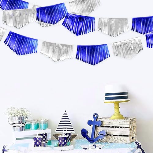 Royal Blue Silver Tassel Banner Metallic Fabric Pennant Bunting Flag for Graduation Birthday Retirement Bachelorette Engagement Wedding Bridal Shower Navy Nautical Ahoy Achor Party Decoration Supplies - Image 6