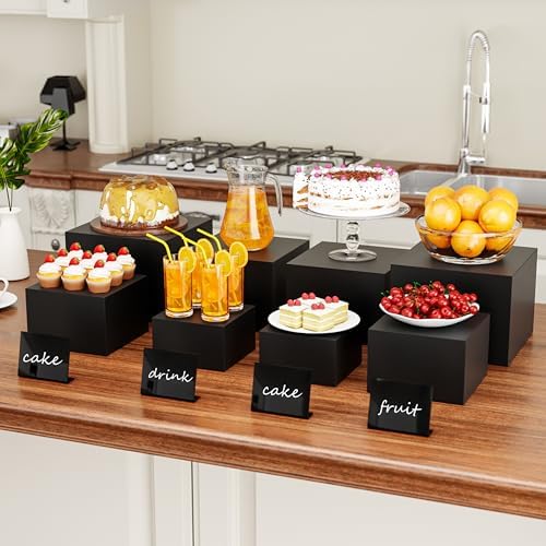 Metal Buffet Risers,4PCS Food Risers for Buffet Table 5in to 8in Display Stand with Mini Acrylic Signs for Catering Dessert Collectibles Jewelry Figures Show Matte Black Cube Boxes Nesting Risers with Hollow Bottoms - Image 3
