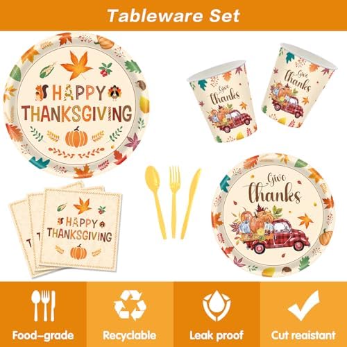 Fall Plates and Napkins Party Supplies, 142pcs Thanksgiving Party Decorations Happy Fall Maple Leaves Tableware Set for Fall Harvest Thanksgiving Birthday Party Decorations - Image 3
