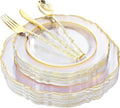 Liacere 150PCS Clear Gold Plastic Plates - Disposable Plastic Silverware with Glitter Bamboo Handle Cutlery-Baroque Clear Gold Disposable Plates for Wedding & Party & Thanksgiving & Fall Party by Liacere