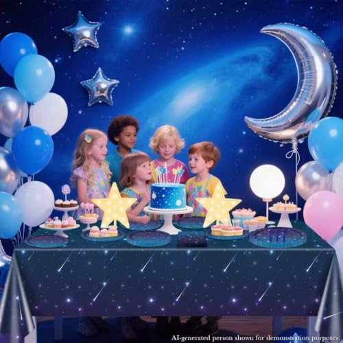Outer Space Party Supplies for 20 Guests, Disposable Tableware Set Includes Starry Night Paper Plates, Napkins, Forks, Tablecloth for Kids Space Galaxy Theme Birthday Decorations - Image 4