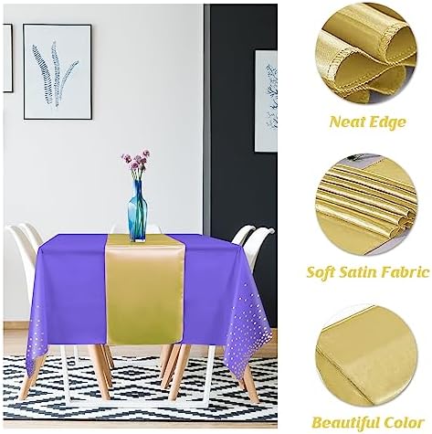 8Pack Disposable Plastic Tablecloths and Satin Table Runner Set Purple and Gold Dot Tablecloth Gold Satin Table Runner for Wedding Birthday Baby Shower Anniversary Christmas New Year Party Supplies - Image 3