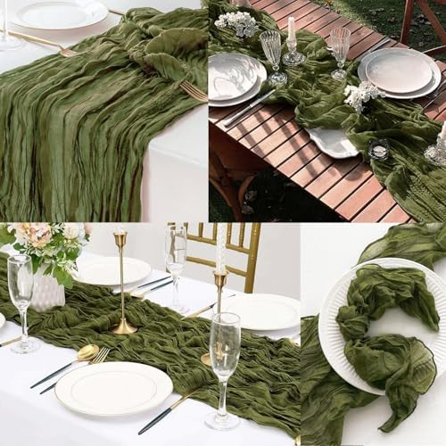 6 Pack Olive Green 10FT Cheesecloth Table Runner Rustic Gauze Cheese Cloth Table Runner for Wedding Bridal Baby Shower Table Decorations Boho Fabric Sheer Birthday Party Decor 20 x 120 Inch Long - Image 6