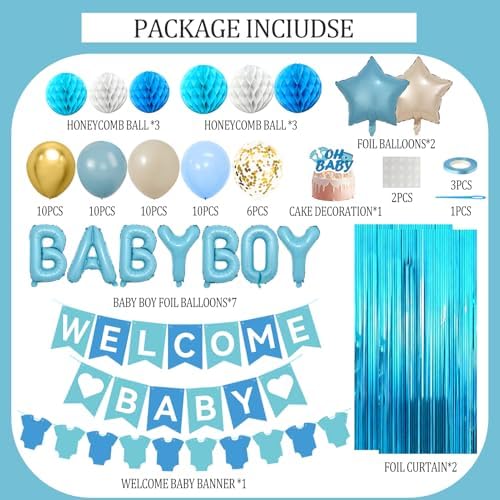 Blue Baby Shower Decorations- Girls Shower Decor Set With- Welcome Baby Banner, Clothes Banner, Fringe Curtains, Cake Topper, Honeycomb Ball, Dusty Blue Latex Balloon and Aluminum Foil Balloons (Boy) - Image 2