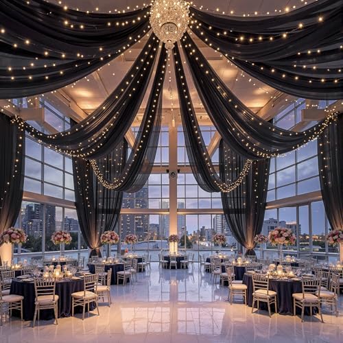 6 Panels Black Ceiling Curtains with Lights for Weddings - 5ftx30ft Wrinkle-Free Tulle Fabric Wedding Arch Draping Ceiling Drapes Decorations for Wedding Party Ceremony Stage Tent Event by Unknown