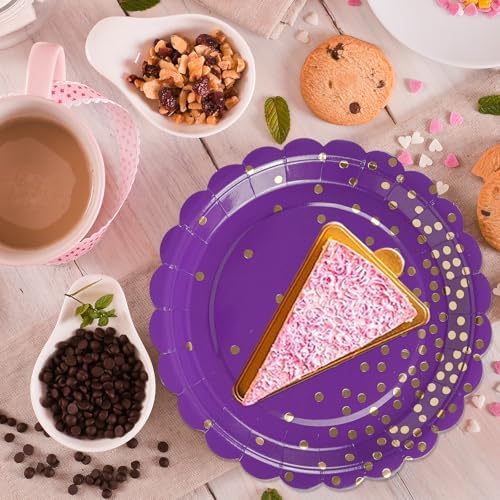 50PCS Purple Paper Plates and Napkins Set - Purple and Gold Dot Party Plates Disposable Party Tableware Dinnerware Set Party's Supplies Decorations for Birthdays, Baby Shower, Weddings and Holidays - Image 2