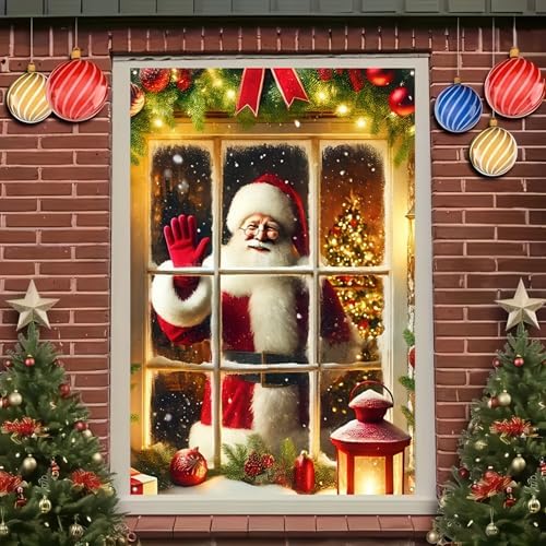 BlissYard Christmas Backdrop Santa Claus Photo Background 31x47 Winter Window Decorations Banner Wall Hanging Banner Photo Booth Prop Xmas Christmas Tree Gifts Photography Background New Year Party - Image 4