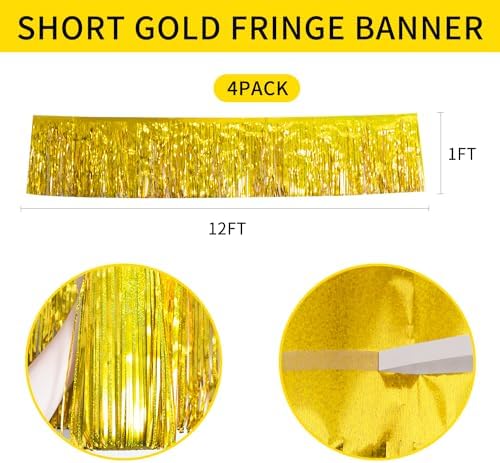 Laser Gold Party Decorations Birthday Streamers 4Pack - 48FT Tinsel Garland Self Adhesive - Metallic Gold Birthday Decorations Party Supplies - Heavy Duty Fringe Banner Parade Float Decorations - Image 5