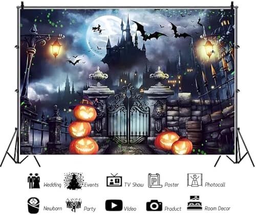 Halloween Castle Backdrop Stacked Pumpkins Lantern Iron Gate Vintage Vampire Street Lamp Flying Witch Bats Magic Full Moon Photography Background Photo Booth Studio Props 9x6ft - Image 6