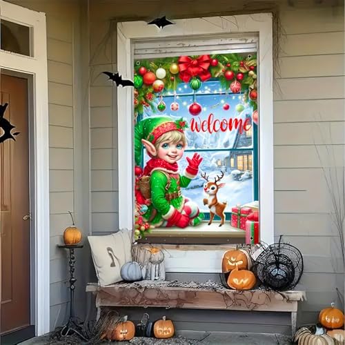 BlissYard Elf Reindeer Christmas Window Banner Fabric 31x47 Inch - Image 7
