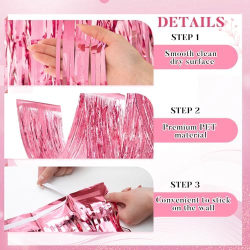 Breling 4 Pcs Pink Ceiling Fringe Curtains, Metallic Foil Drapes, 15 ft - Image 3