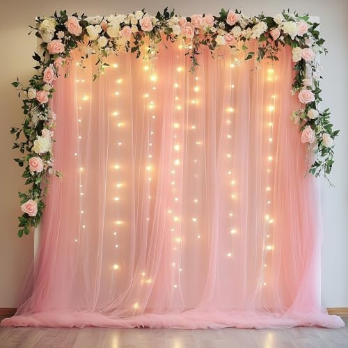 Fomcet Tulle Backdrop Curtains with Lights 10x8ft Sheer Peach Curtain by Fomcet