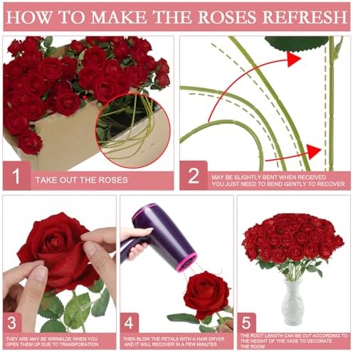 Hananona 100 Pcs Artificial Roses, Realistic Silk Red Flowers Bulk - Image 6