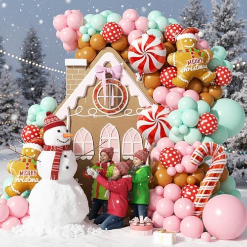 153Pcs Christmas Balloon Arch Garland Kit Xmas Pastel Pink Green Brown Latex Balloons Gingerbread Man Candy Cane Foil Balloons Arch Kit for Christmas New Year Party Birthday Party Decorations - Image 6
