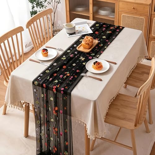 BINBE 3pcs Black Daisy Spring Table Runner Embroidery Gauze 10FT Florals Seasonal Tulle Holiday Birthday Kitchen Dining Table Decor for Home Party - Image 3