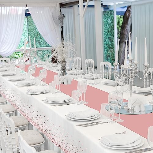 24 Pack Rose Gold Tablecloth and Table Runner Set Party Decorations, White and Rose Gold Plastic Disposable Tablecloth and Satin Table Runner for Wedding Birthday Bridal Graduation Anniversary Party - Image 7