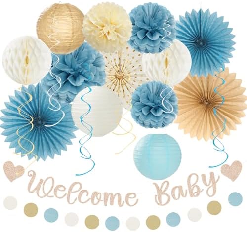 Light-Dusty Blue Boho Baby Shower Party-Decorations - 21pcs Beige Champagne Boy Neutral Welcome Baby Banner Decor,Paper Lanterns Pom Poms Fan Supplies,Streamers Garland Wall Backdrop Favors Huglony by Huglony