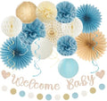 Light-Dusty Blue Boho Baby Shower Party-Decorations - 21pcs Beige Champagne Boy Neutral Welcome Baby Banner Decor,Paper Lanterns Pom Poms Fan Supplies,Streamers Garland Wall Backdrop Favors Huglony by Huglony