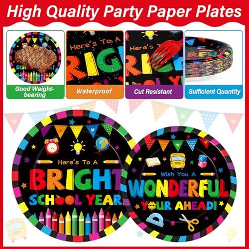 100PCS Back To School Decorations School Season Supplies Paper Plates Napkins Disposable Black Bottom Colorful Pattern Tableware Dinnerware for Student Birthday Picnic First Day of School Serves 25 - Image 3