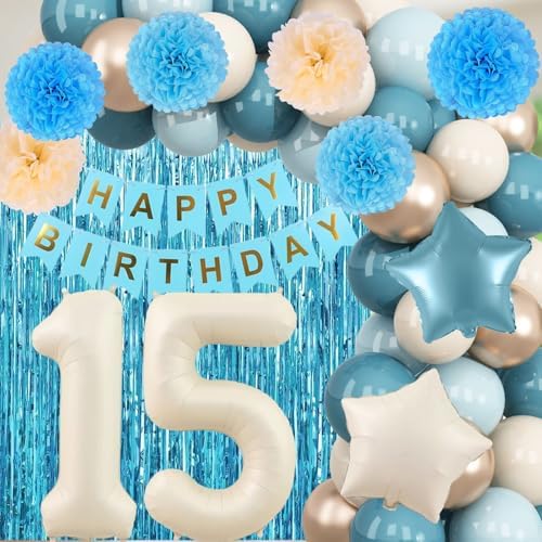 Dusty Blue 15th Birthday Party Decorations Boys Beige Number 15 Balloon - Image 5