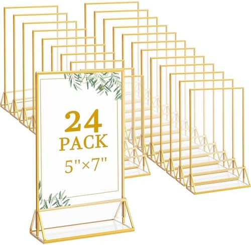 Floroom 24 Pack 5x7 Inch Clear Acrylic Sign Holders, Gold Border Double-Sided Vertical Picture Frames & Display Stands for Table Numbers, Photos, Menus, Flyers, Weddings, Parties & Events by Floroom
