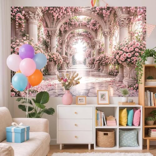 5X3ft Pink Rose Floral Wedding Backdrop European Palace Style Flower Arch Party Decortions Photography Background Anniversary Birthday Baby Shower Girl Party Portrait Photo Booth Props Wall Decor - Image 3