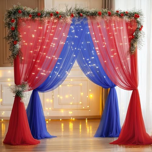 10x10ft Royal Blue Red Tulle Backdrop Curtain with Lights String for Parites, Sheer Photo Backdrop Curtains with lights for Wedding Backdrop Ceremony Reception Bridal Shower Baby Shower Birthday Party - Image 7