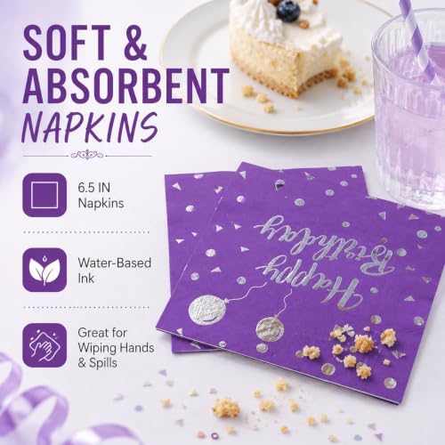 75PCS Happy Birthday Paper Plates and Napkins Set Purple&Sliver Plates - Image 3