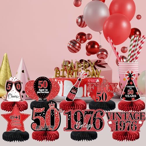 9Pcs 50th Birthday Decorations Red and Black 50th Birthday Party Decorations for Women,Happy 50 Years Vintage 1976 Aged Honeycomb Centerpieces Table Sign Decor Supplies - Image 6
