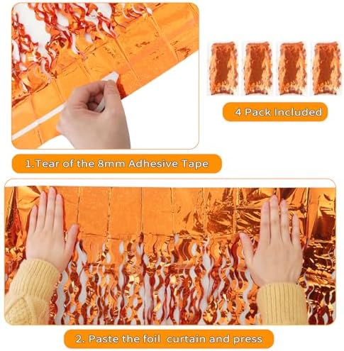 4 Pack Orange Wavy Metallic Tinsel Foil Fringe Curtains | 3.3 ft x 6.6 ft Party Streamer Backdrop Photo Booth for Orange Basketball Party Decorations Holloween Christmas - Image 4