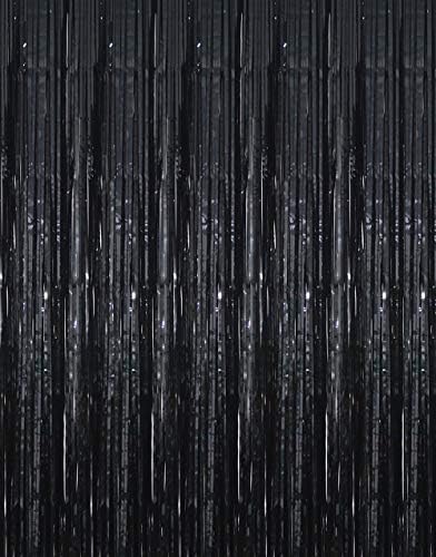 GOER 6.4 ft x 9.8 ft Metallic Tinsel Foil Fringe Curtains,Pack of 2 Party Streamer Backdrop for Birthday,Graduation Decorations and New Year Eve (Black) by GOER