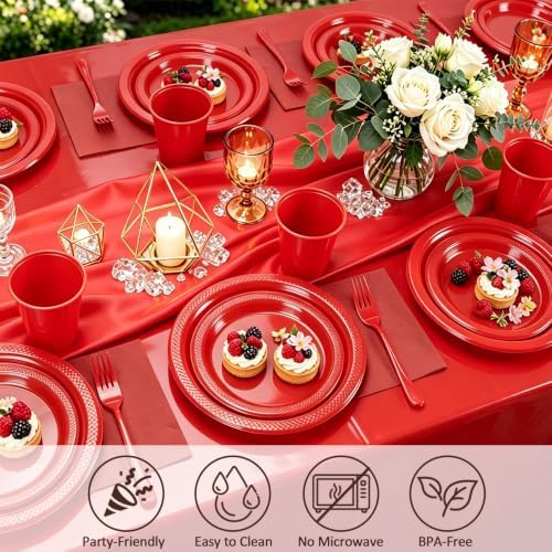 Red Plastic Party Plates 50 Guest Disposable Red Dinnerware for Birthday - Image 4