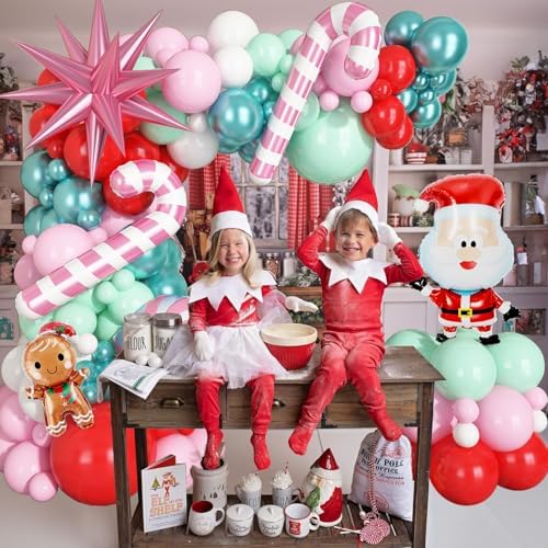 Christmas Balloon Arch Kit, Red Pastel Baby Pink White Mint Dusty Metallic Teal Green Xmas Balloons with Gingerbread Man Claus Candy Cane Foil Balloons for Merry Christmas Party Decorations - Image 5