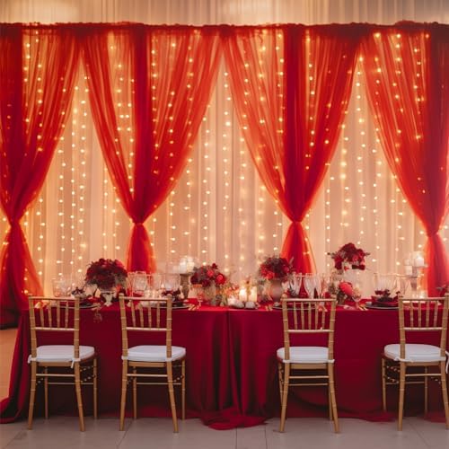 10x10ft Red Tulle Backdrop Curtain with Lights String for Parties, Sheer Photo Backdrop Drapes for Wedding Baby Shower Birthday Party Valentines Photo Shoot Decorations - Image 4