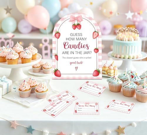 Sweet Berry Baby Shower Game, Strawberry Guess How Many Candies Are In The Jar, 6x8 Inch Arch Wooden Sign With Stand And 50 Guessing Cards, Gender Reveal Party Supplies & Decorations - JC11 - Image 4