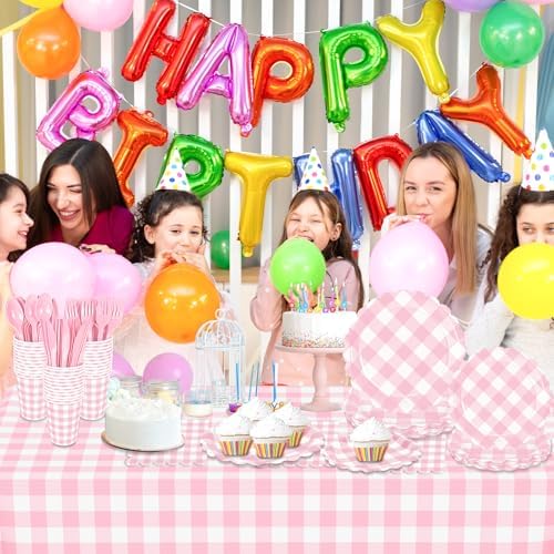 WNINK 176 PCS Light Pink Gingham Plates and Napkins, Pink Checkered Disposable Plates Set with Napkins Cups Plastic Spoons Forks Knives for Dinner Birthday Baby Shower Wedding Supplies Serve 25 Guests - Image 5
