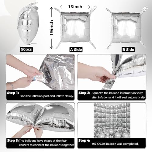 50pcs Metallic Silver Square Foil Balloons Wall Backdrop with 79pcs Metallic Silver Balloon Garland Arch Kit, Double Sided Balloon Tunnel for Anniversary Engagement Birthday Prom Decorations - Image 3