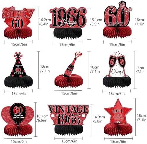 9Pcs 60th Birthday Decorations Red and Black 60th Birthday Party Decorations for Women,Happy 60 Years Vintage 1966 Aged Honeycomb Centerpieces Table Sign Decor Supplies - Image 2