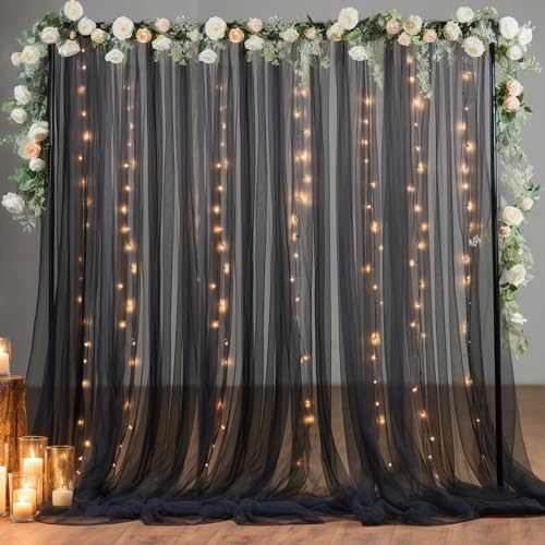 10x8ft Black Tulle Backdrop Curtain with Lights String for Parites, Sheer Photo Backdrop Curtains for Wedding Baby Shower Birthday Party Photo Shoot Decorations by Partisky