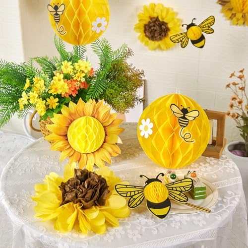 SUNBEAUTY Sunflower Party Decorations 3D Bee Honeycomb Hanging Decor Yellow Tissue Paper Flowers Birthday Yellow Sunflower Ceiling for Classroom Bulletin Board Wall Baby Shower Summer Garden Party - Image 4