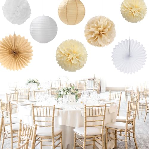 Champagne Gold White Bridal-Shower Party-Decorations - 31pcs Bride to Be Banner,Boho Neutral Bachelorette Paper Lanterns,Wedding Streamers Garland,Tissue Pom Poms Flower Fan Decor Supplies Burgleda - Image 6