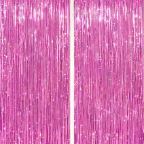 DECOCKRAT 2 Pack Foil Fringe Backdrop - Laser Pink Shiny Tinsel Curtains for Party Decoration/Photo Booth Props - 3.3x6.6 FT Metallic Foil Backdrop for Birthday, Wedding, Graduation, Christmas. by DECOCKRAT
