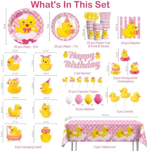 Xynic 215Pcs Pink Duck Birthday Decorations Tableware Set, Serves 25 - Image 2