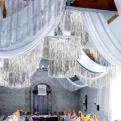 Hahafelt Silver 6 Pcs 1920s Party Decor 2 Tier Fringe Tinsel Chandelier - Image 6